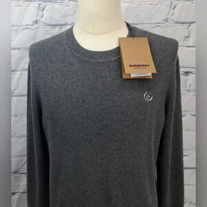 NWT Burberry  Men's Ribbed Sweater TB Logo Cashmere Gray Crewneck Small